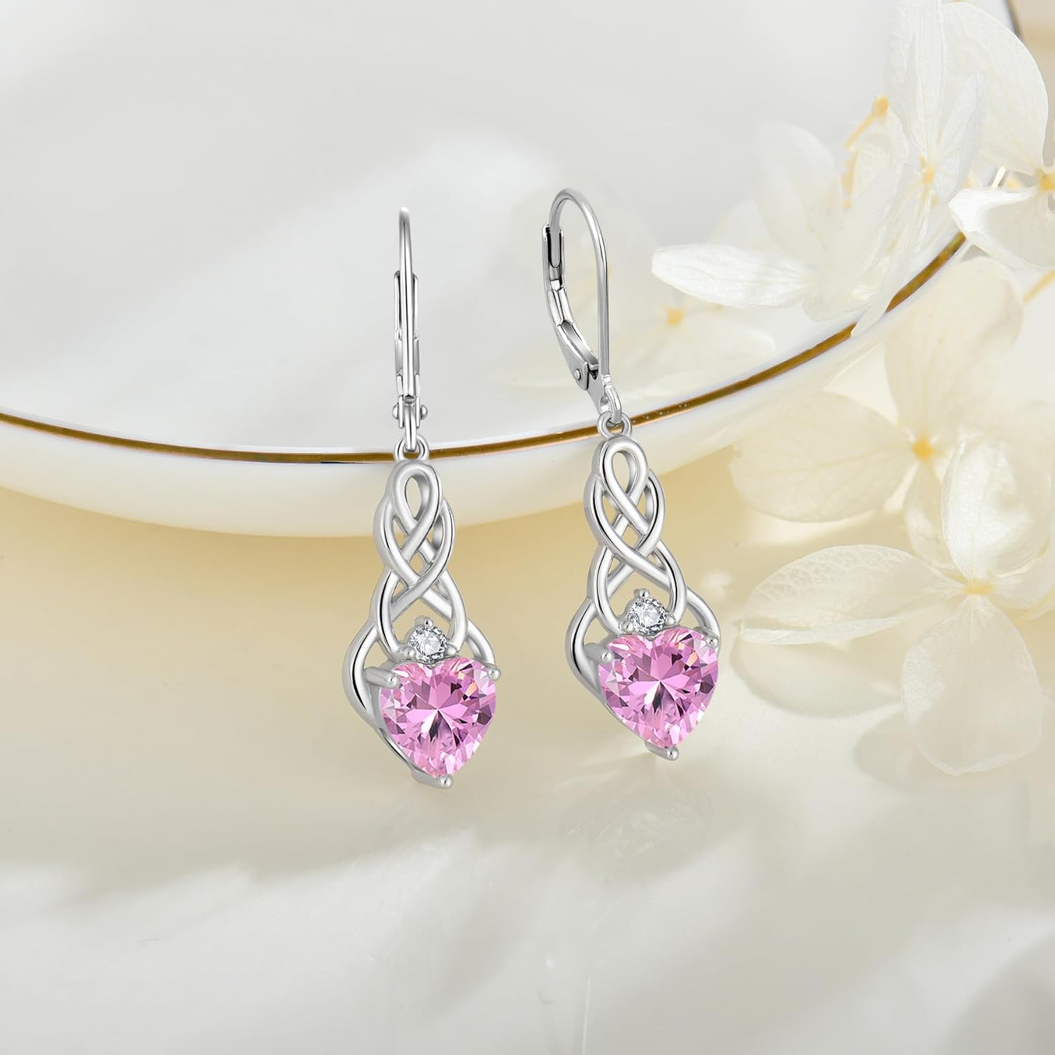 Thumbnail 3 de FJ Infinity Celtic Knot Earrings in 925 Sterling Silver with Birthstone Cubic Zirconia Drop