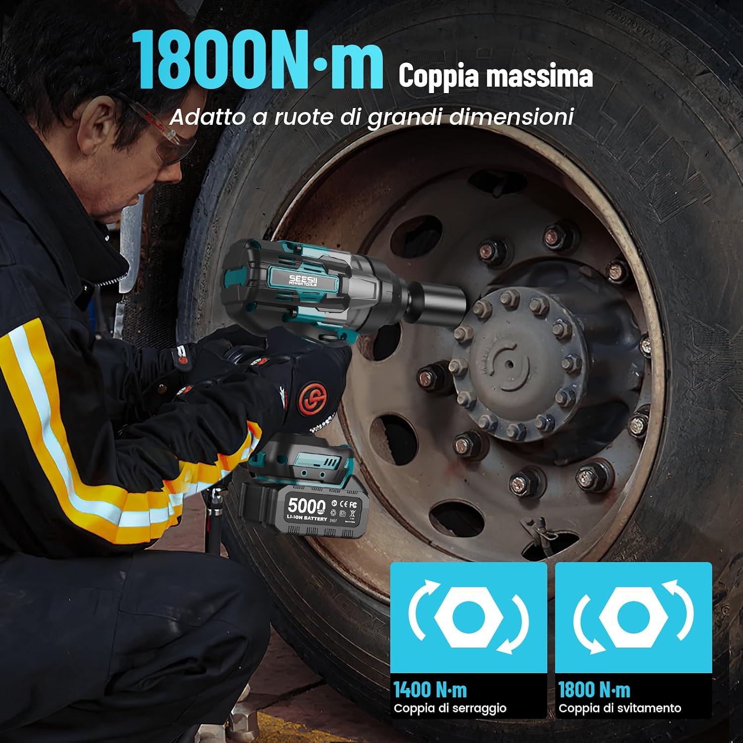 Detalle 2 de Seesii Avvitatore a Impulsi 1800Nm 3/4'': potenza per ruote e viti lunghe con due batterie e adattatore