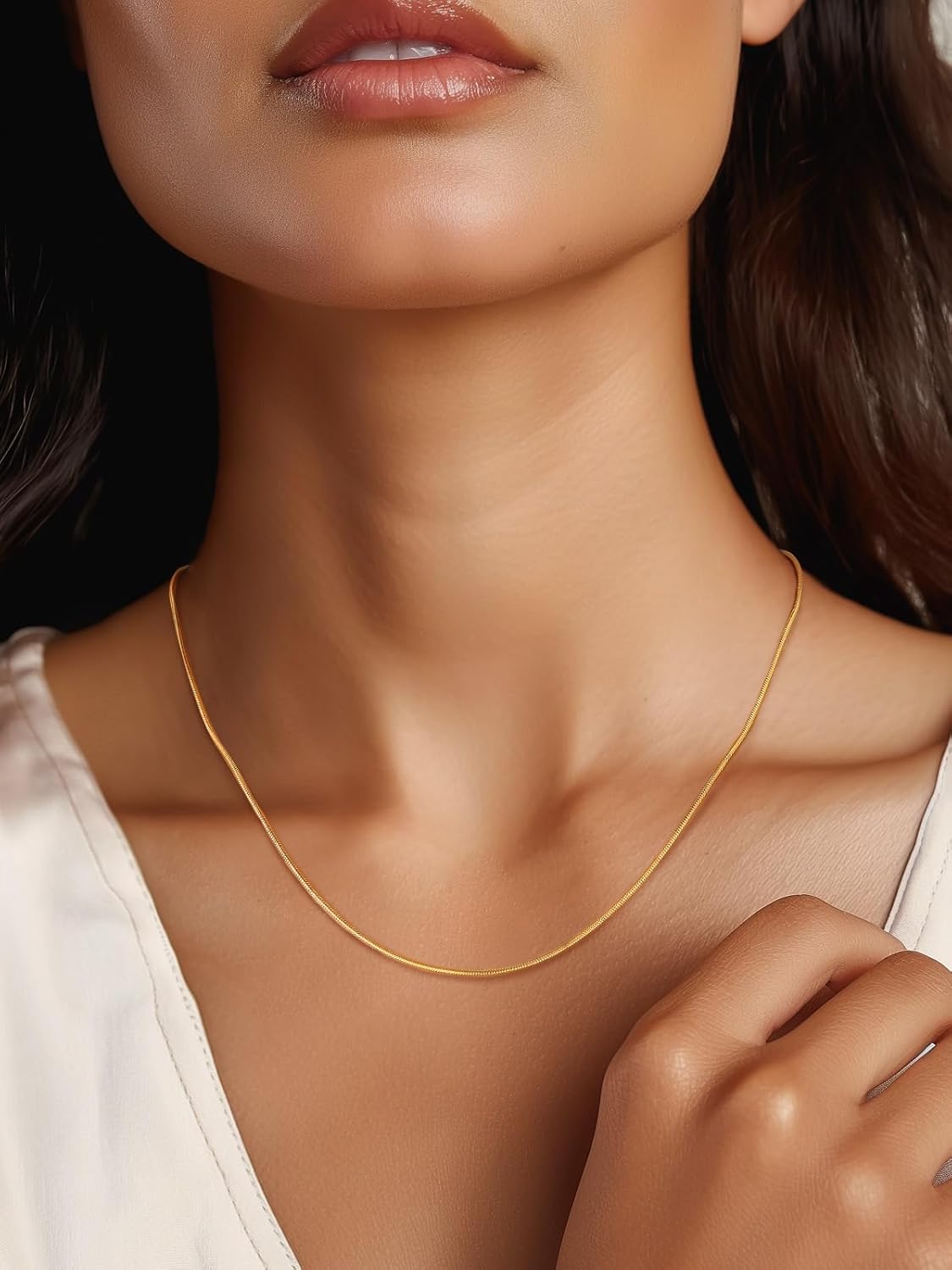 Detalle de FOCALOOK Collier Chaîne Serpent Femme Fine 1,2 mm en Acier Inoxydable – Argent / Plaqué Or / Noir / Or Rose, longueur 70 cm (+ 5 cm) – Parure légère