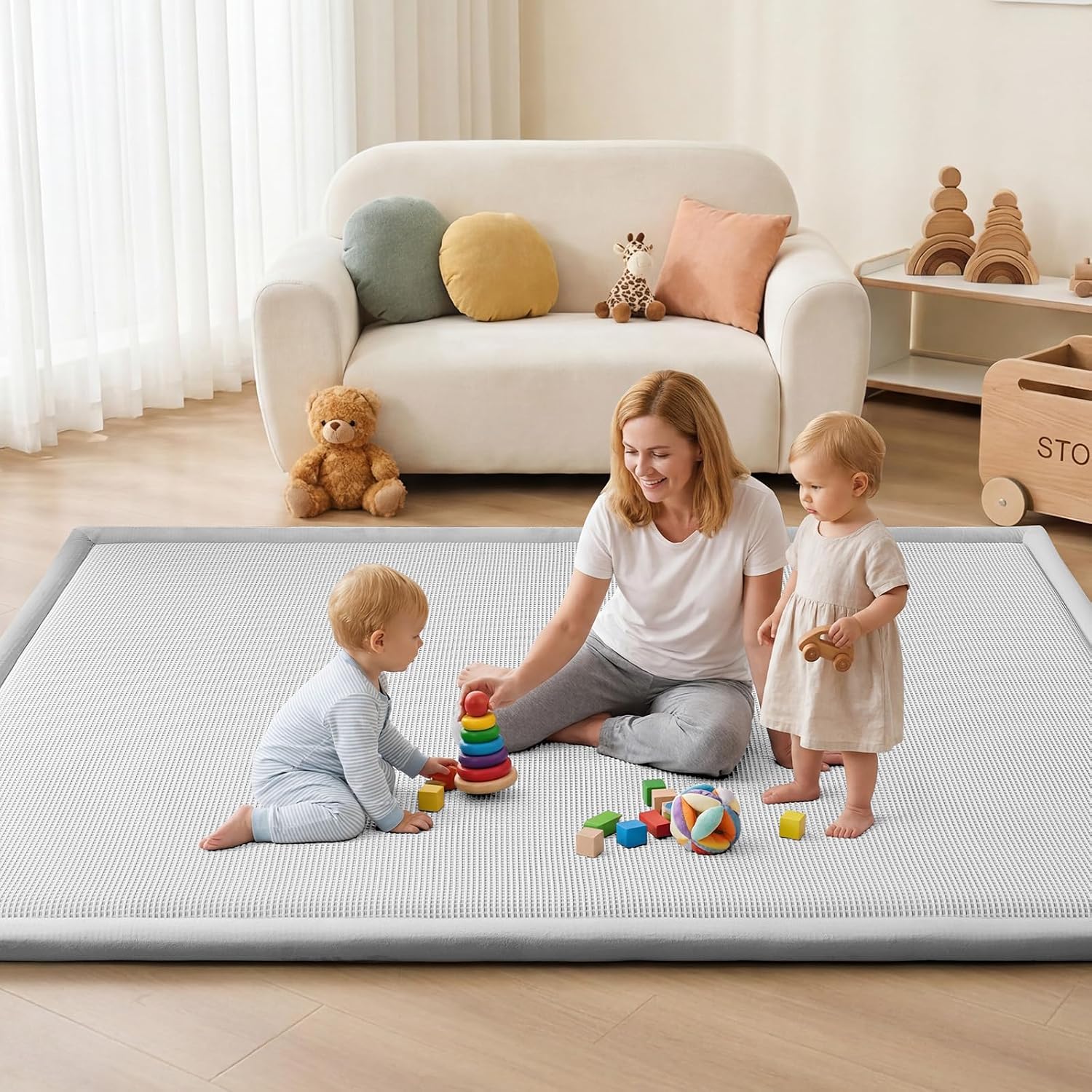 Detalle 2 de ILPEOD Baby Play Mat, 59 x 79-Inch Plaid Light Gray Rug with 1.3-Inch Foam