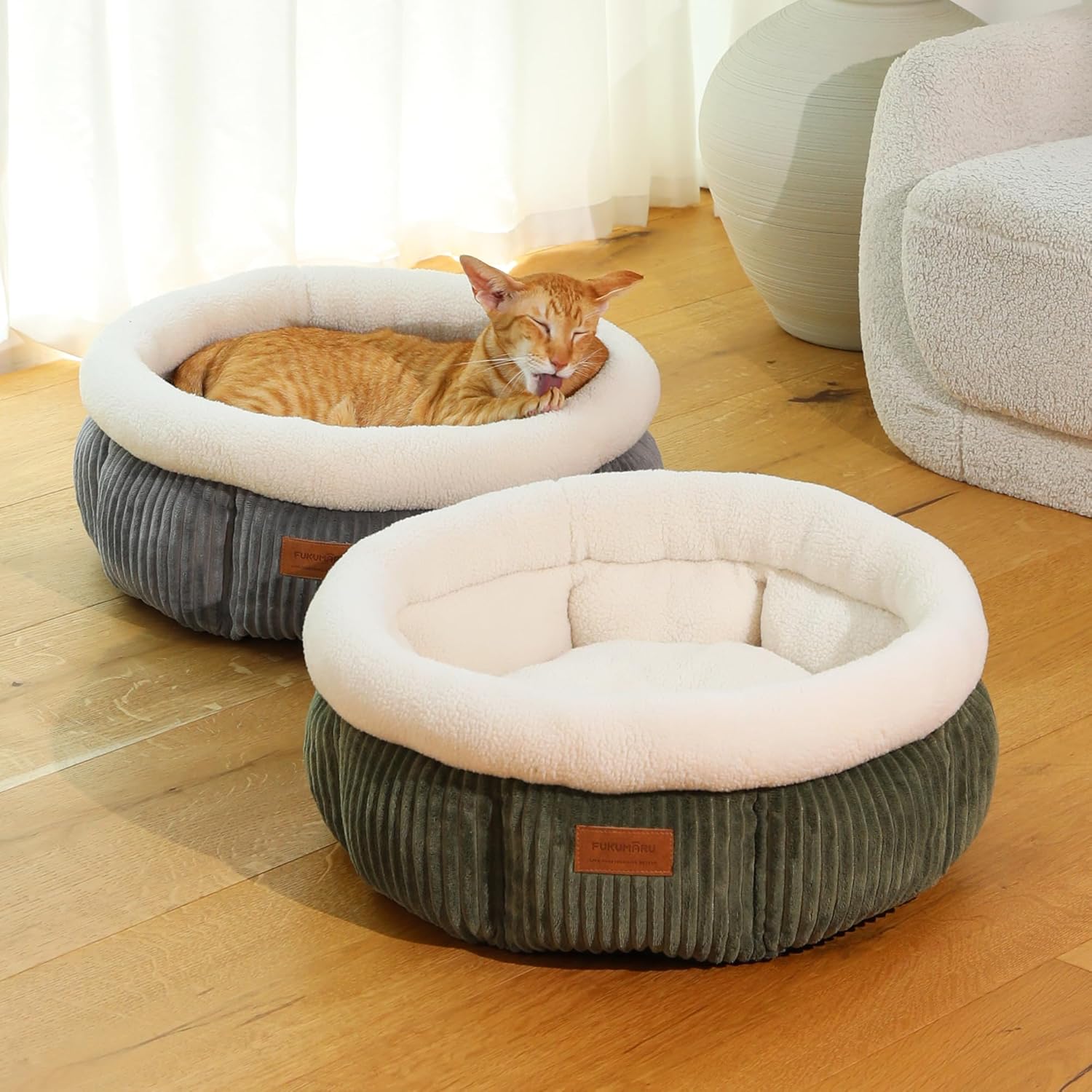 Thumbnail 6 de FUKUMARU Lit pour Chat rond en cordon d’intérieur, lit lavable doux et confortable (vert)