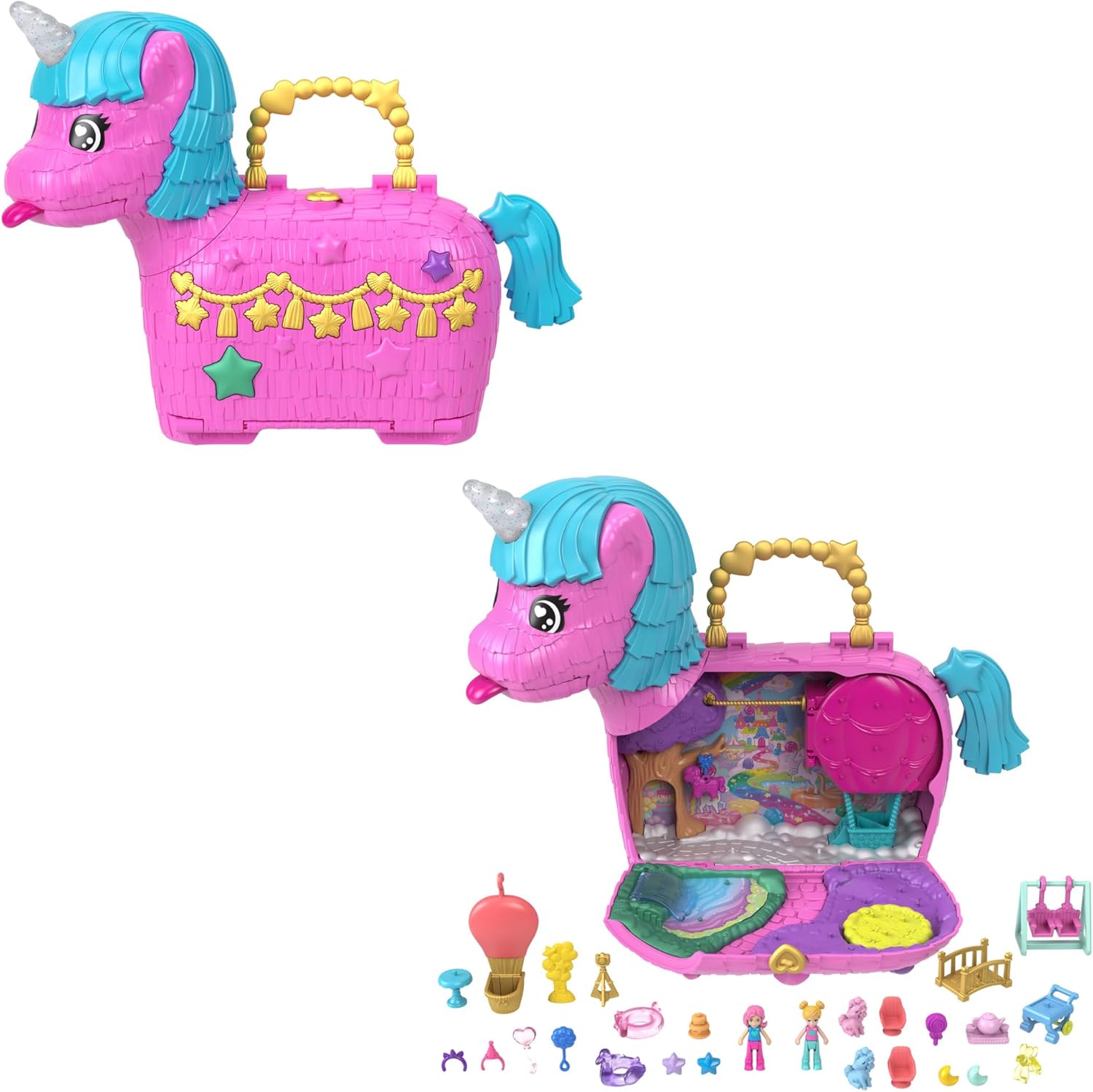 Detalle de Coffret Polly Pocket Les licornes font la fête HYD96 (ballade en montgolfière, poupées et + de 25 accessoires surprises)