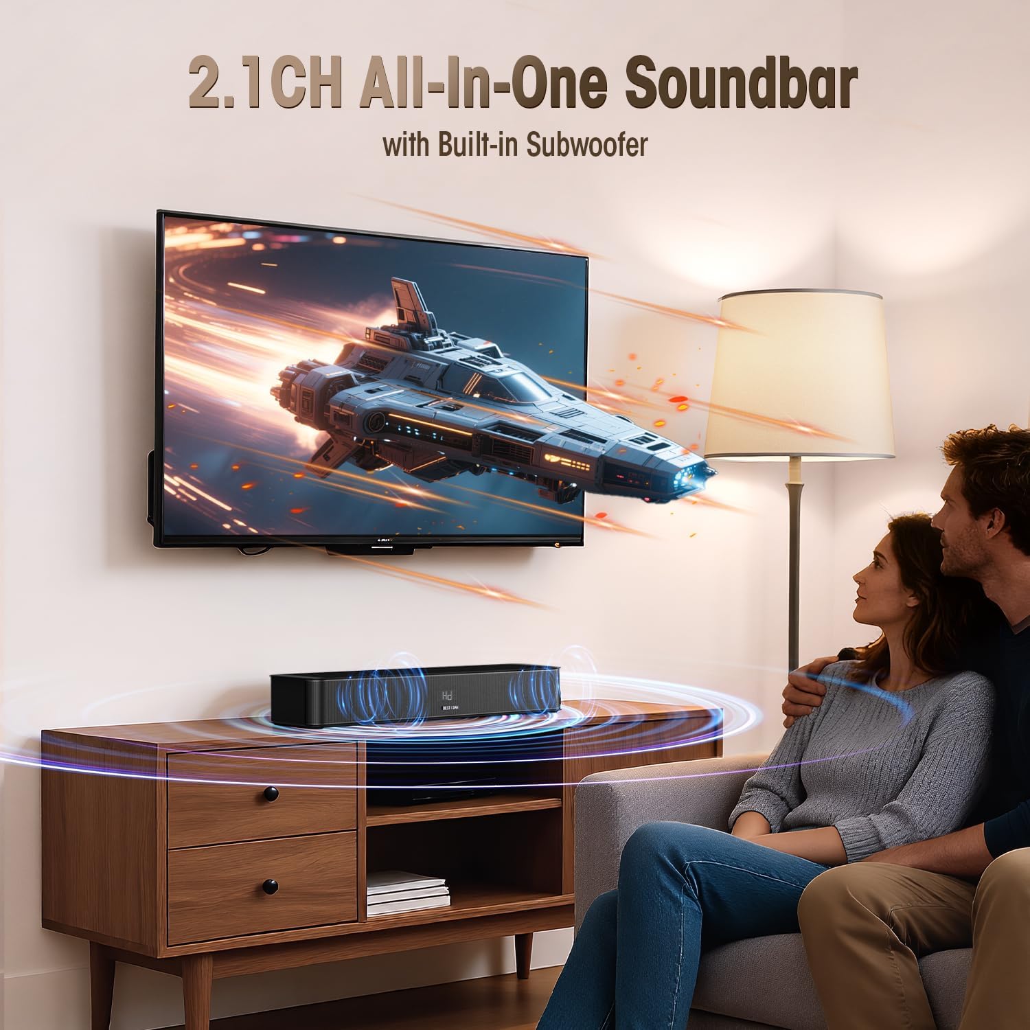 Detalle de BESTISAN 16.5-Inch 2.1 Soundbar with Built-In Subwoofer – HDMI eARC, Bluetooth, USB Playback