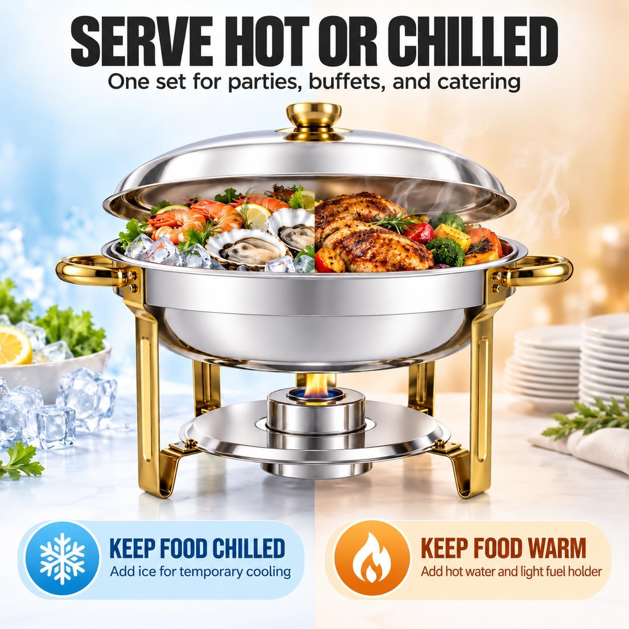 Detalle de CAMMOO 4 Pack Round Chafing Dishes for Buffet, 6 QT Gold Stainless Steel
