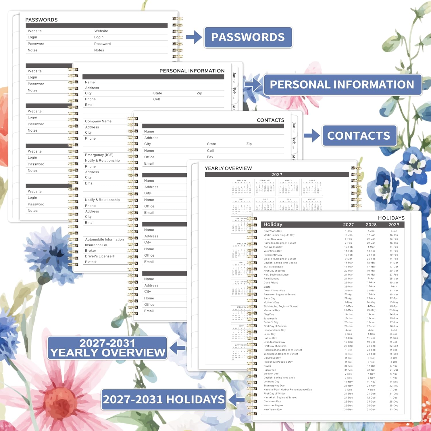 Detalle 2 de Planrage 2027–2031 Monthly Planner, 9" x 11", Floral Cover, Twin-Wire Binding