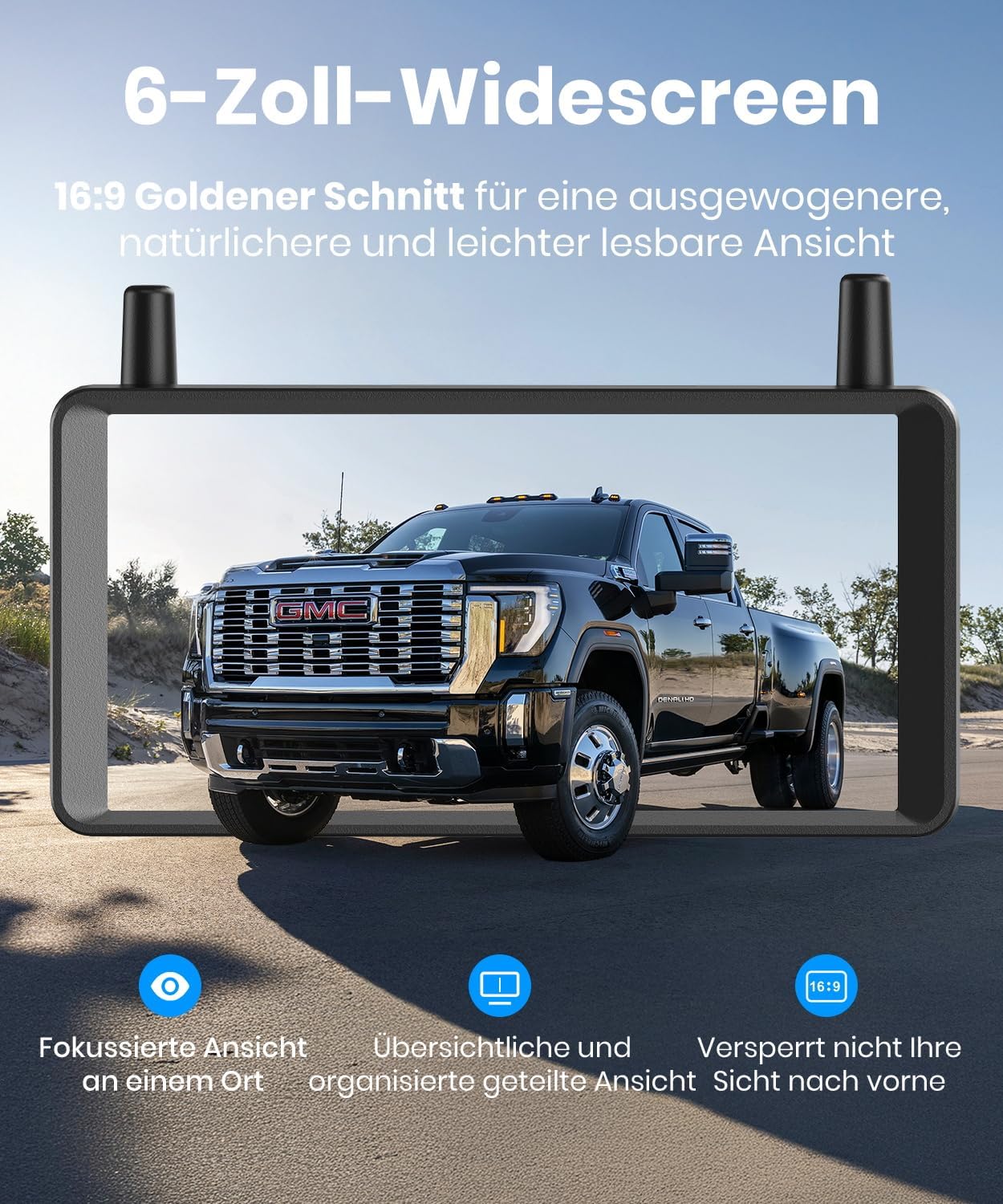 Detalle de AUTO-VOX Dual Rückfahrkamera Kabellos Solar – 6" Display, 2 Antennen, Split-Screen