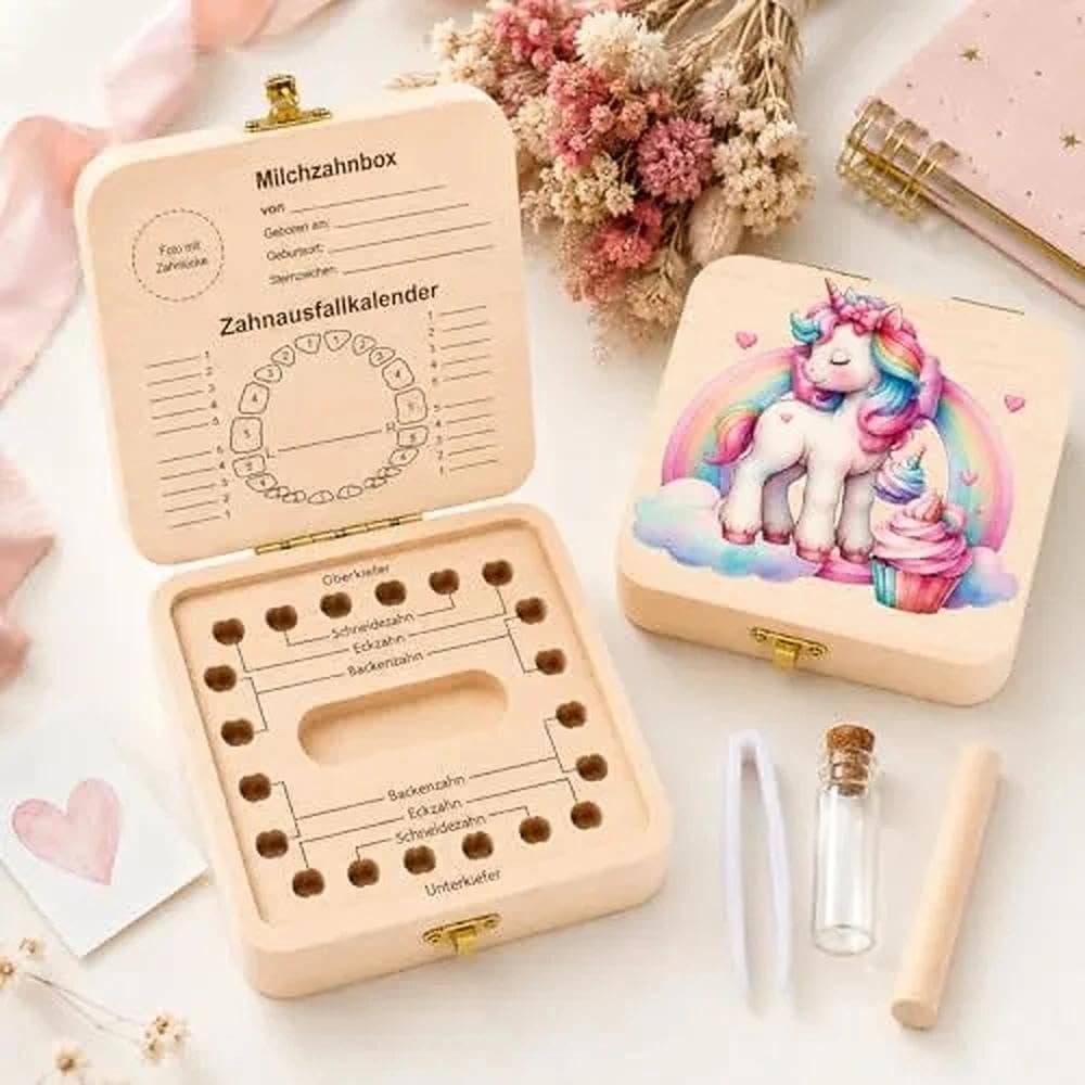 Thumbnail 6 de Zahnfee Geschenke Mädchen – Zahndose Milchzähne Box aus Holz, Einhorn Zahnschachtel, Aufbewahrungsbox