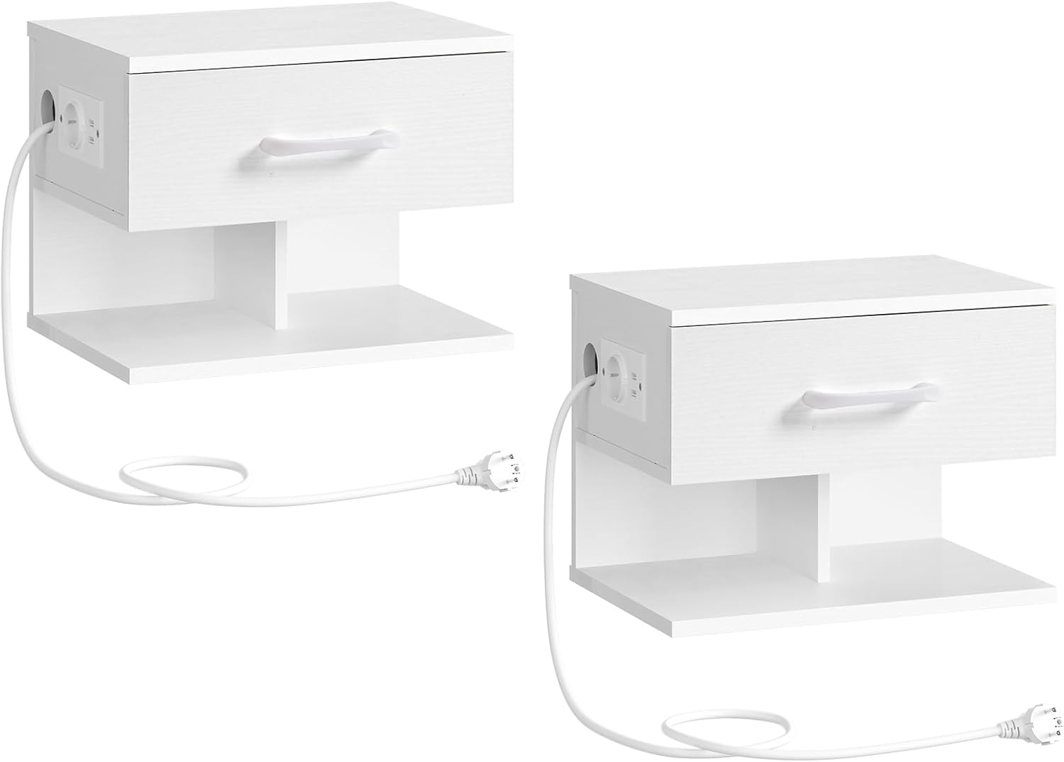 Detalle de HOOBRO Set di 2 Comodino Sospeso con Stazione di Ricarica e Cassetto - Bianco EWT127CBZP201