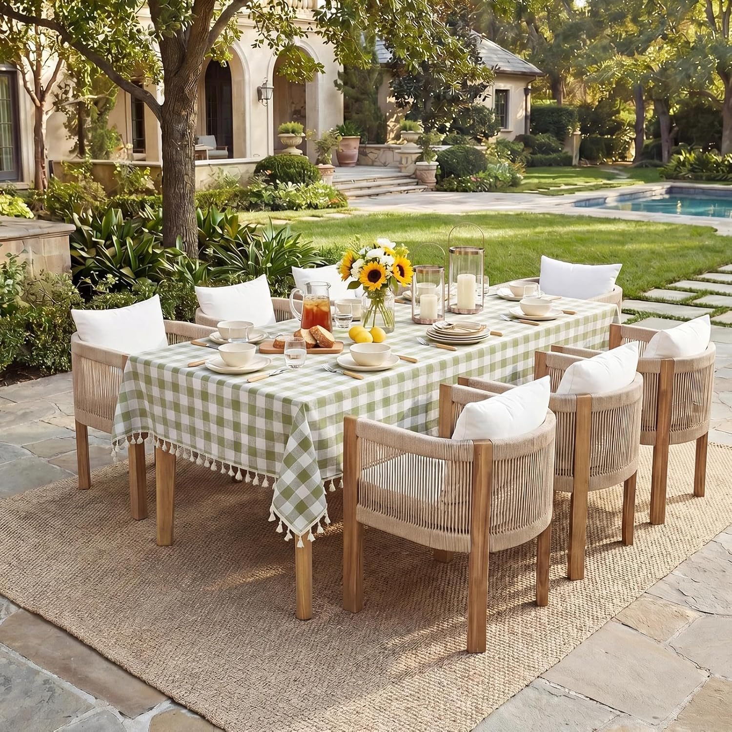 Thumbnail 1 de Softalker Outdoor Checkered Tablecloth with Tassels – 55 x 84 Inch Linen-Cotton Gingham (Sage) for 6-Foot Rectangular Tables