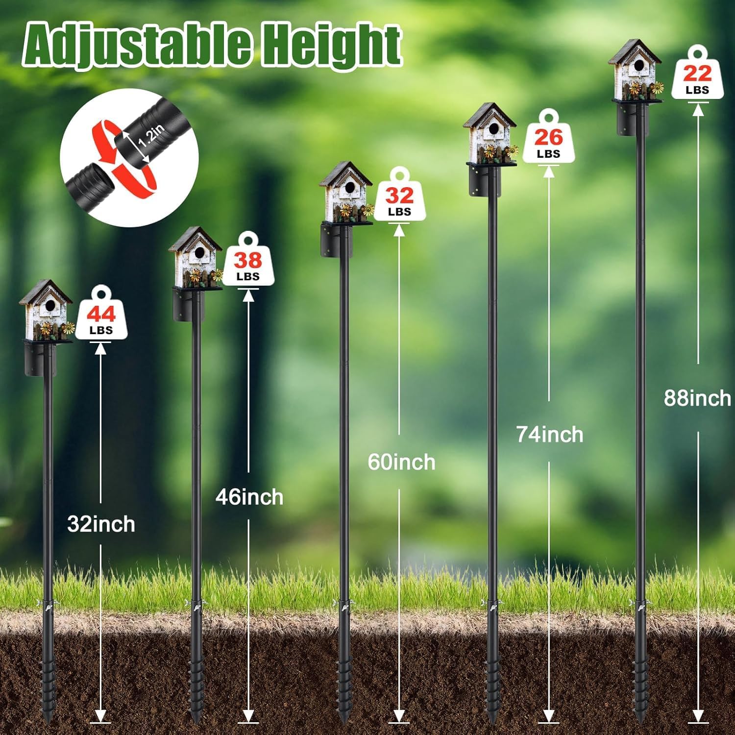 Detalle de DEROFIT 25niaowoZJ-DZK-MSH-7jie Bird Feeder Pole Kit, 88" Adjustable