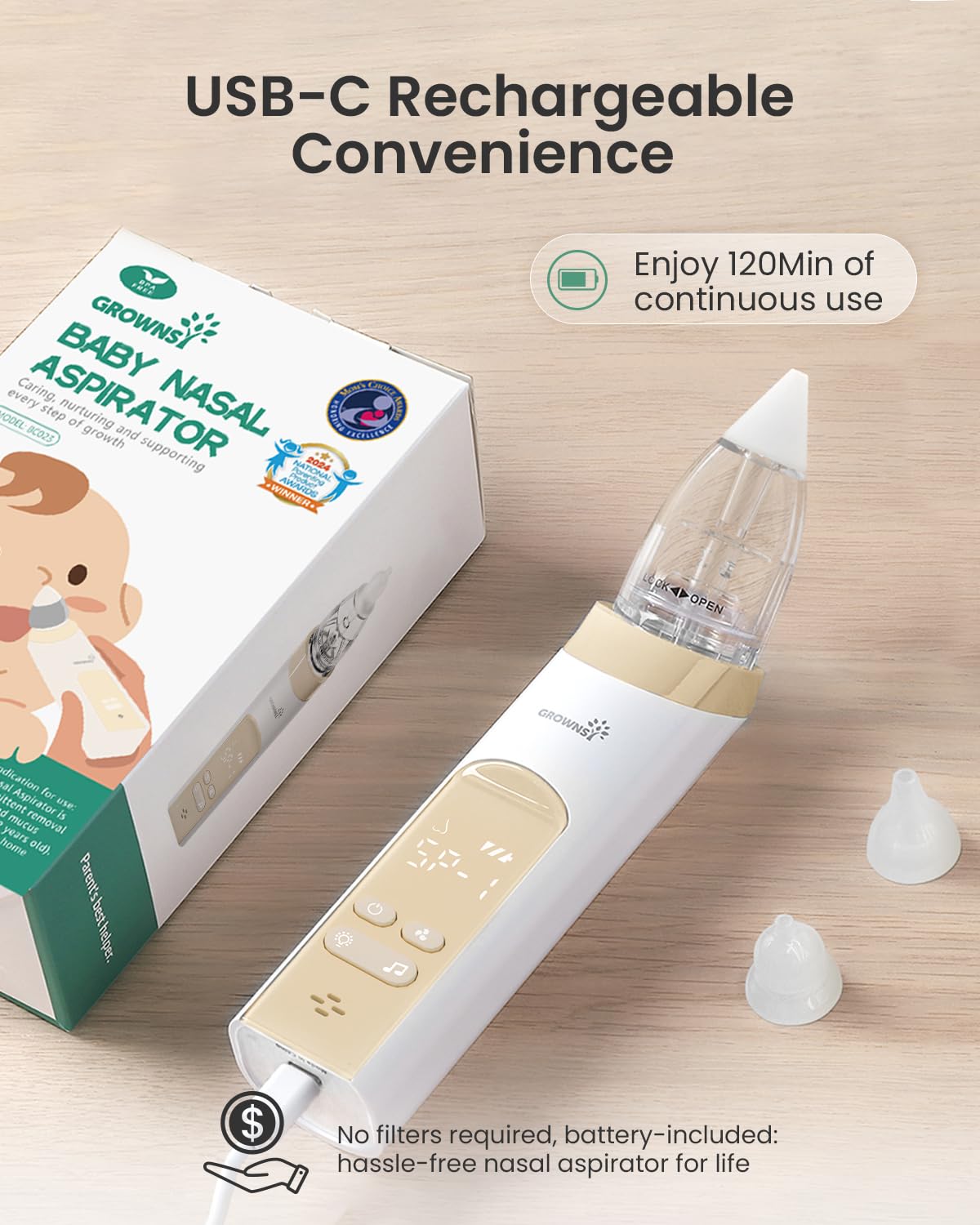 Thumbnail 6 de GROWNSY Electric Nasal Aspirator for Baby (Rechargeable, Light & Music) – Beige