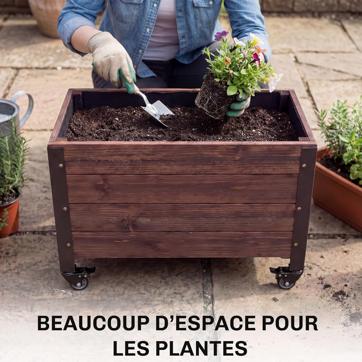 Thumbnail 3 de Outsunny Jardinière surélevée en bois avec roues – carré potager 60 x 30 x 41 cm, Marron