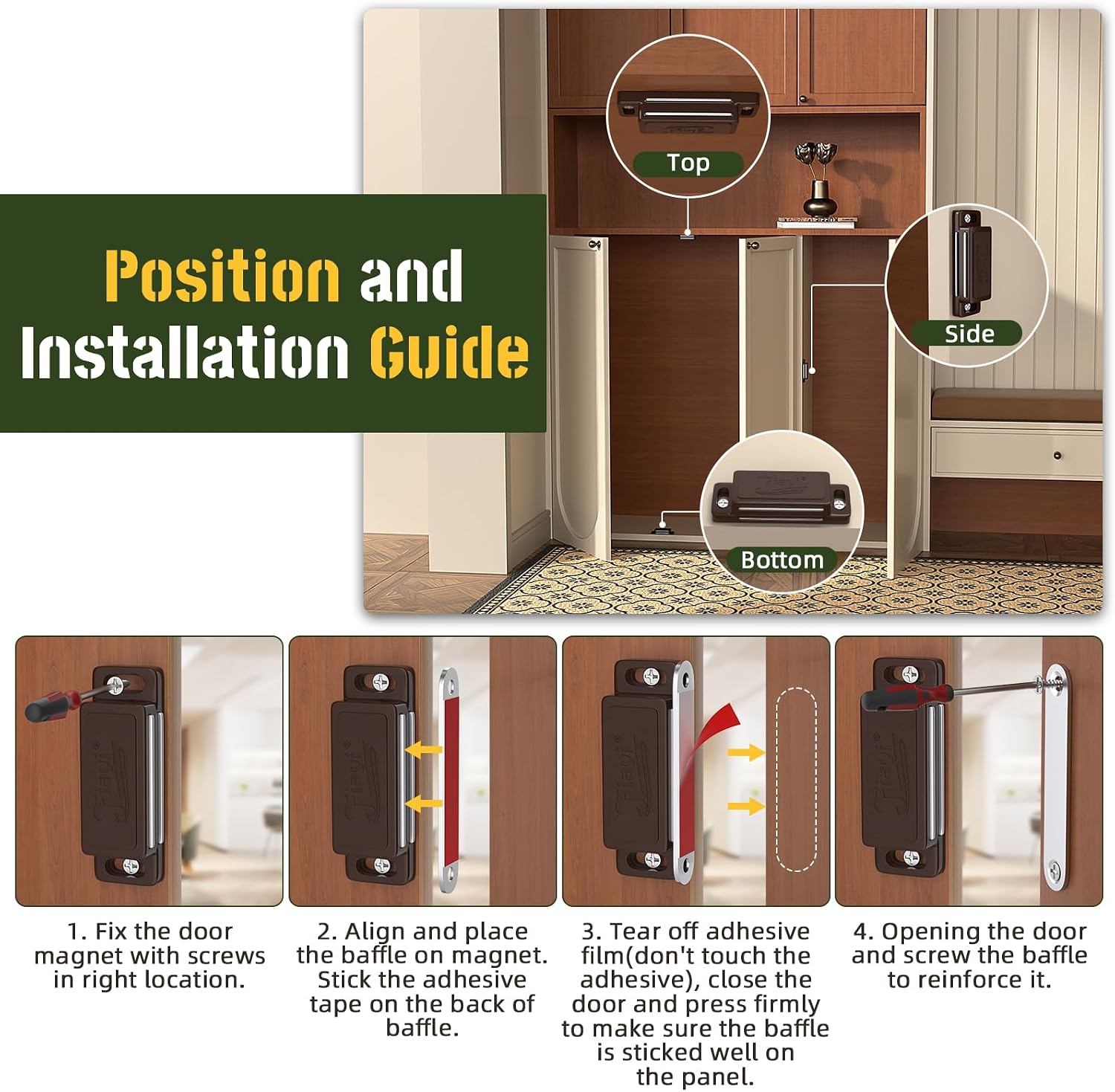 Thumbnail 2 de Jiayi 4 Pack Plastic Magnetic Cabinet Door Catches – Self-Adhesive Brown