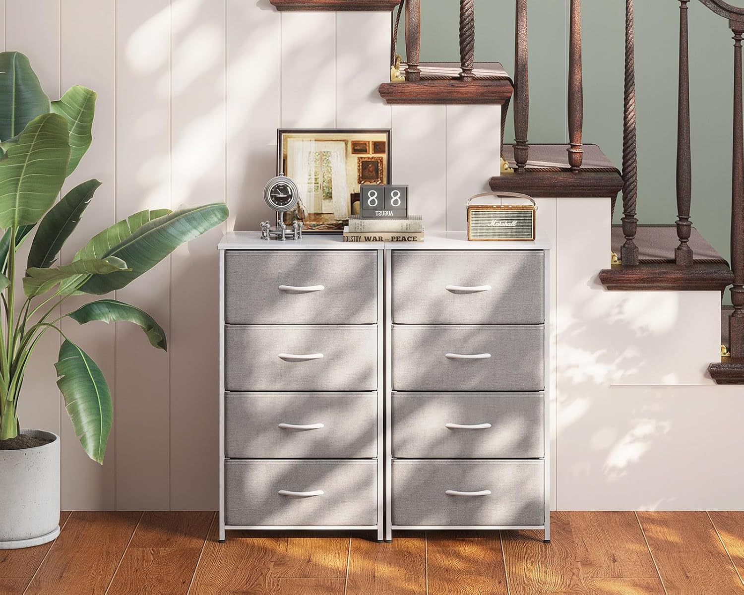 Thumbnail 5 de Coleshome tall chest of drawers (4 fabric drawers) with wooden top, small & narrow unit, light grey, 40 x 30 x 80 cm