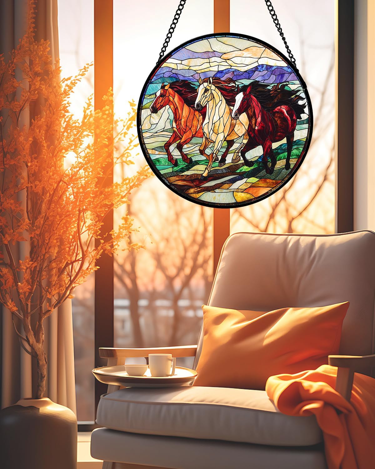 Thumbnail 4 de AMDERVEN 3 Horses Stained Glass Window Hanging, Red-Orange Suncatcher