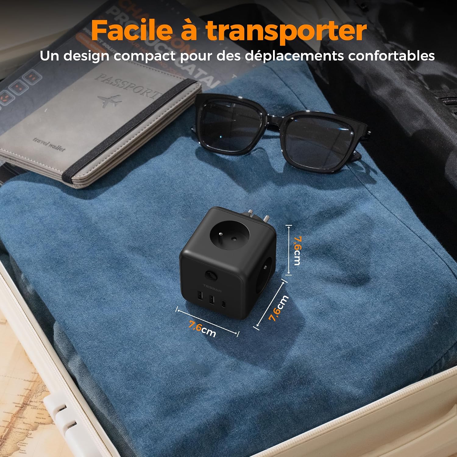 Detalle de TESSAN 6 en 1 Chargeur USB C 15W et Multiprise Murale 3 Sorties AC – Cube Noir