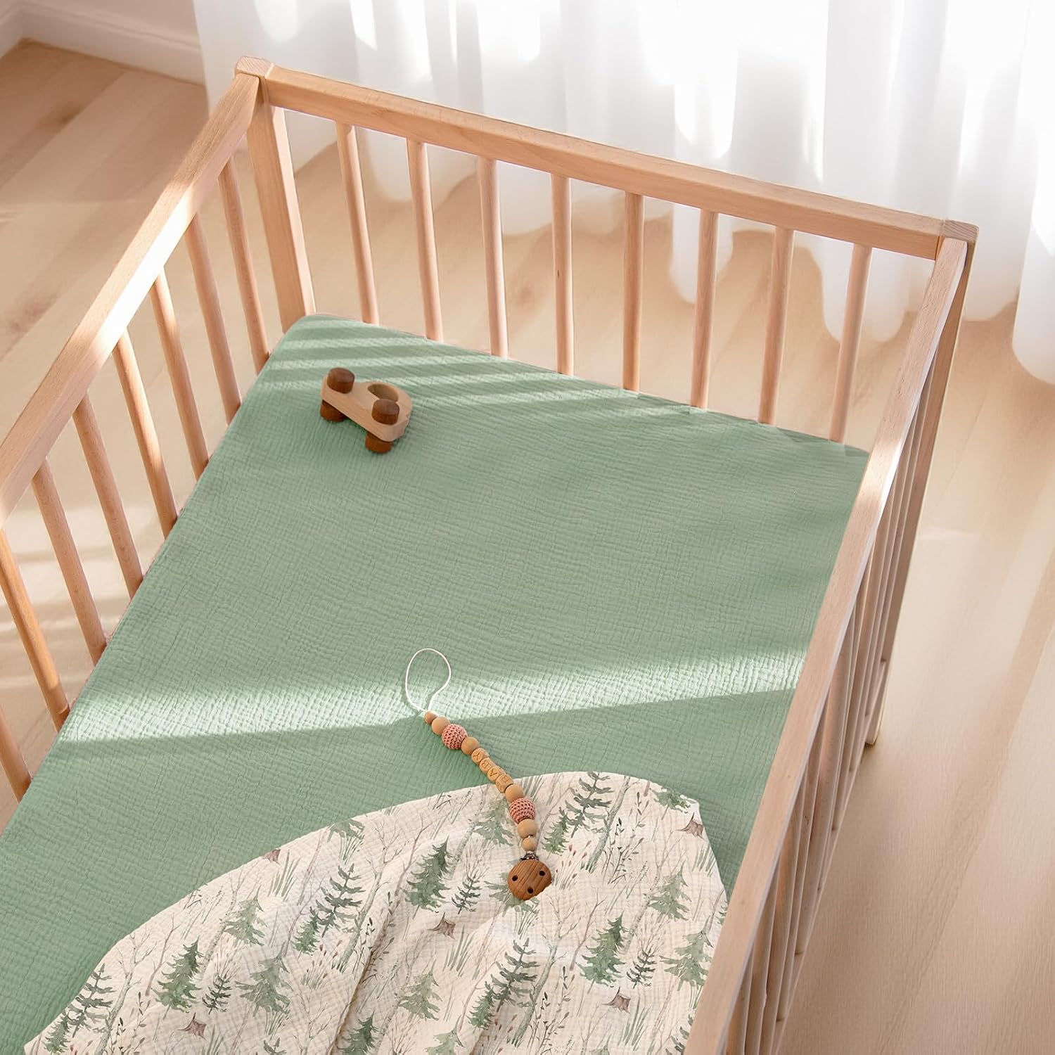 Detalle 1 de lulumoon CB Fitted Muslin Crib Sheets, 100% Cotton, Leaf Print, 2-Pack