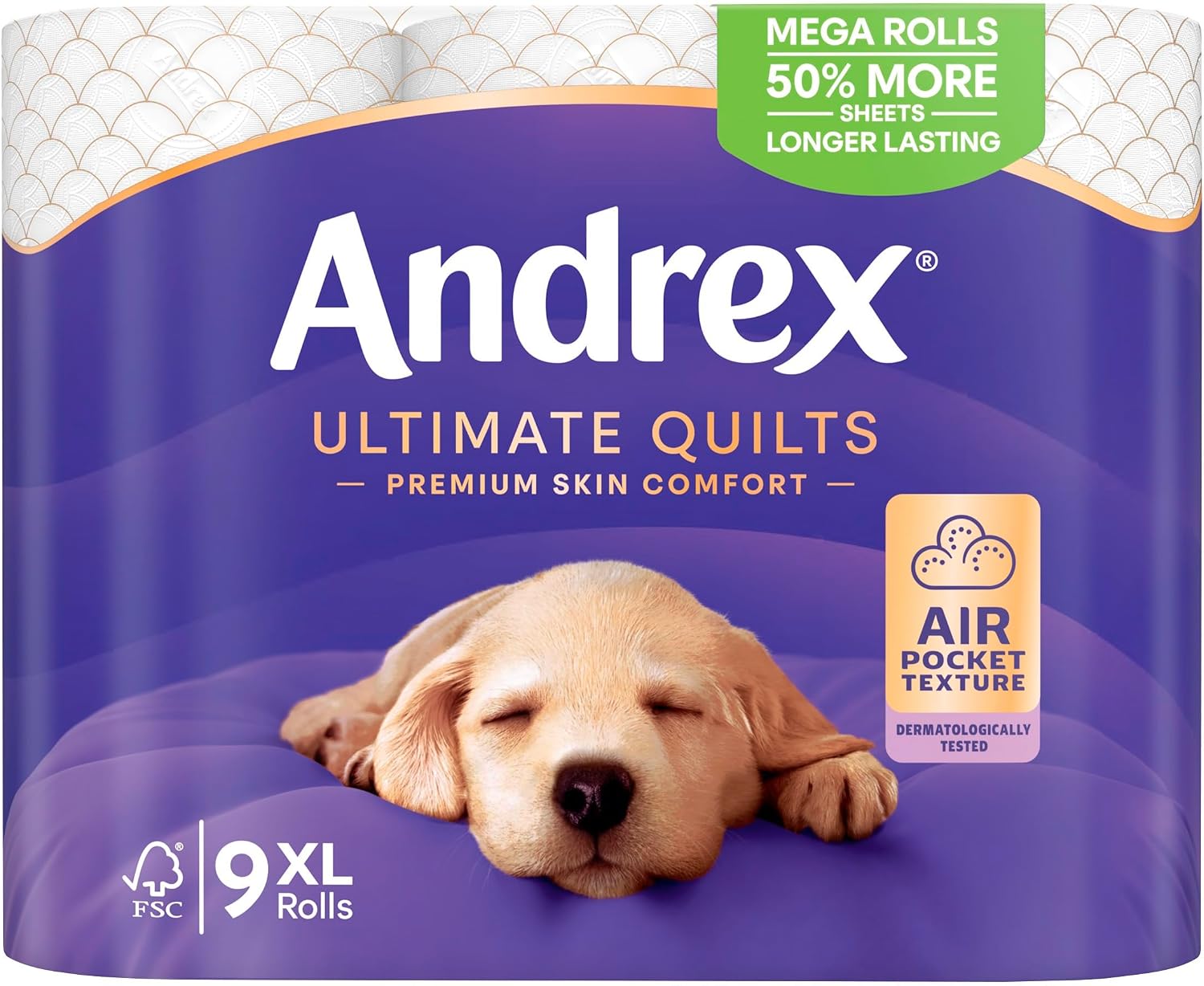 Detalle de Andrex Ultimate Quilts Toilet Roll — 9 Mega Rolls (13.5 standard), 3-Ply, Soft & Thick
