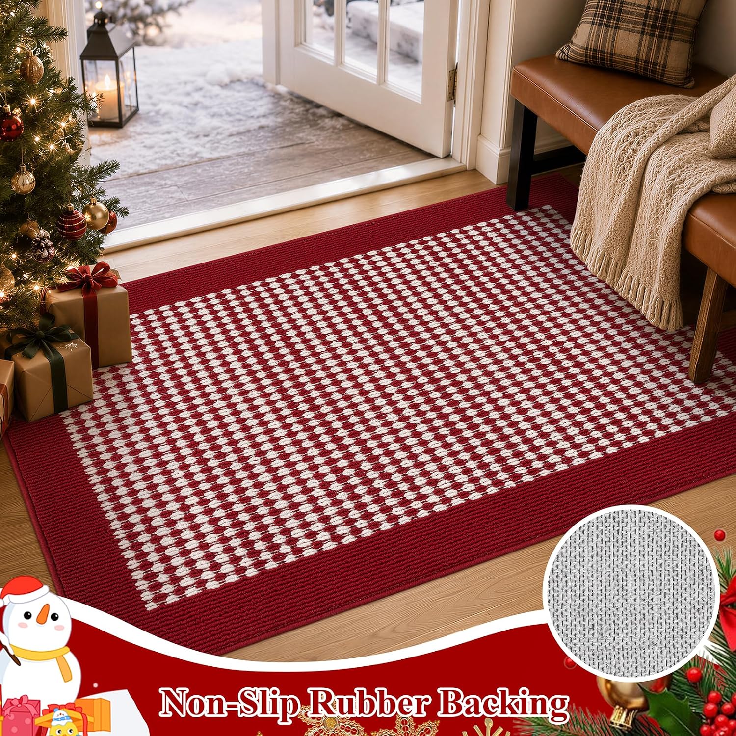 Thumbnail 3 de Ileading 2x3ft Christmas Door Mat, Washable Red Rug with Non-Slip TPR Backing