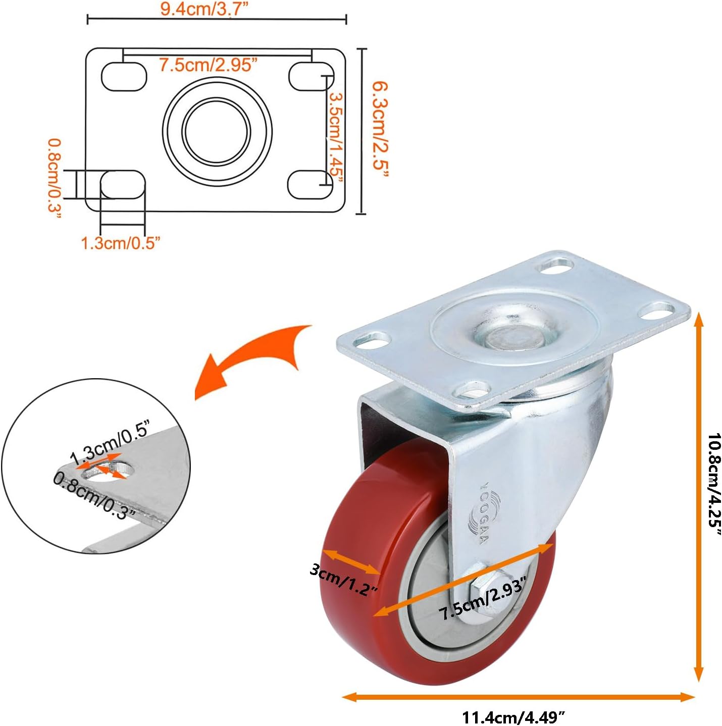 Thumbnail 3 de 75 mm Heavy Duty Casters: Set of 4, 450 kg Capacity, 360° Swivel Bearings (Without Brakes)