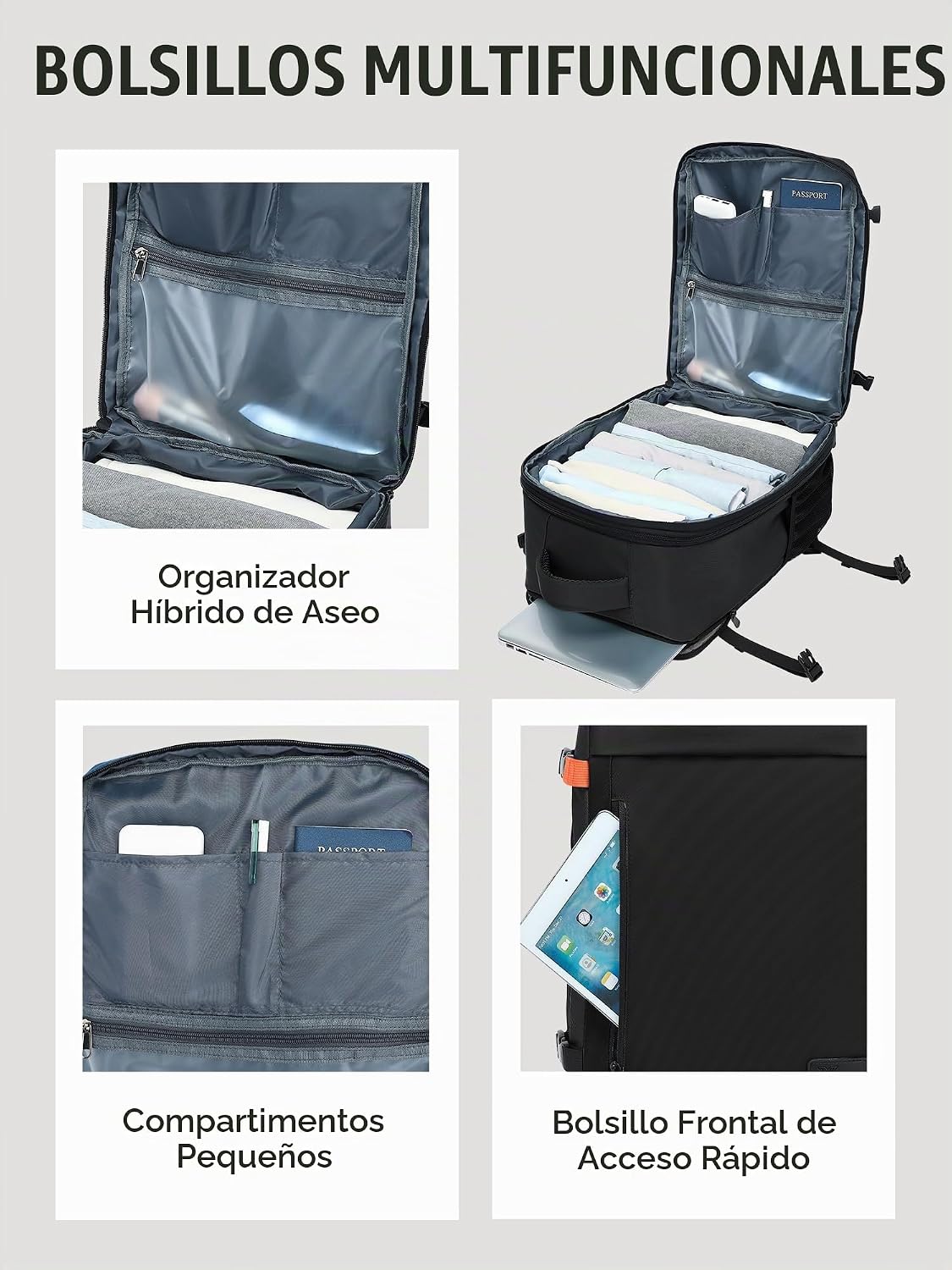 Detalle de Mochila Yankony 40x30x20 (expandible 40x30x25) para cabina: 30L de capacidad y organización para viajes
