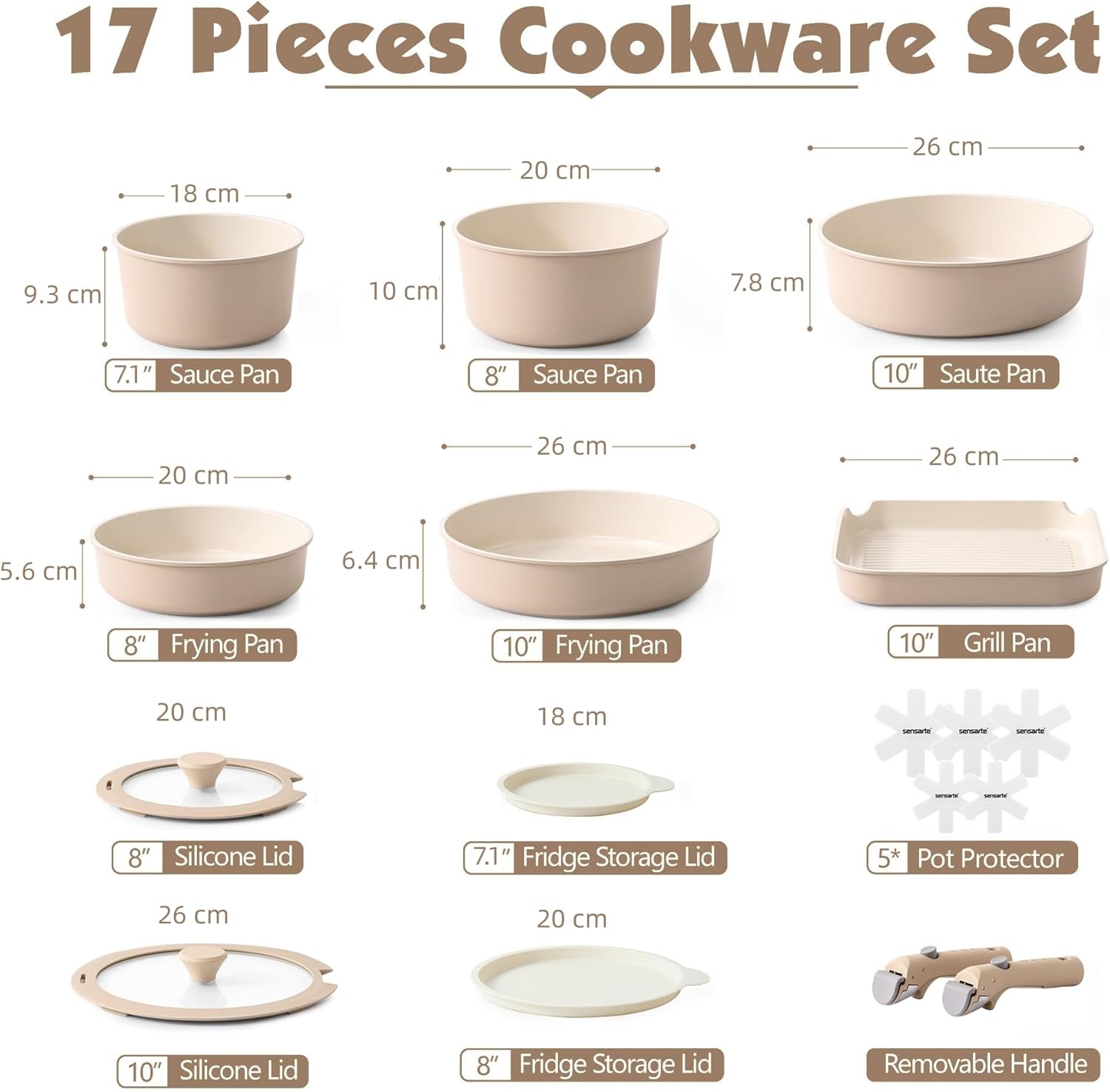 Thumbnail 1 de SENSARTE Keramik Topfsets Pfannenset 17-teilig – Antihaft-Kochgeschirr mit abnehmbarem Griff (Beige)