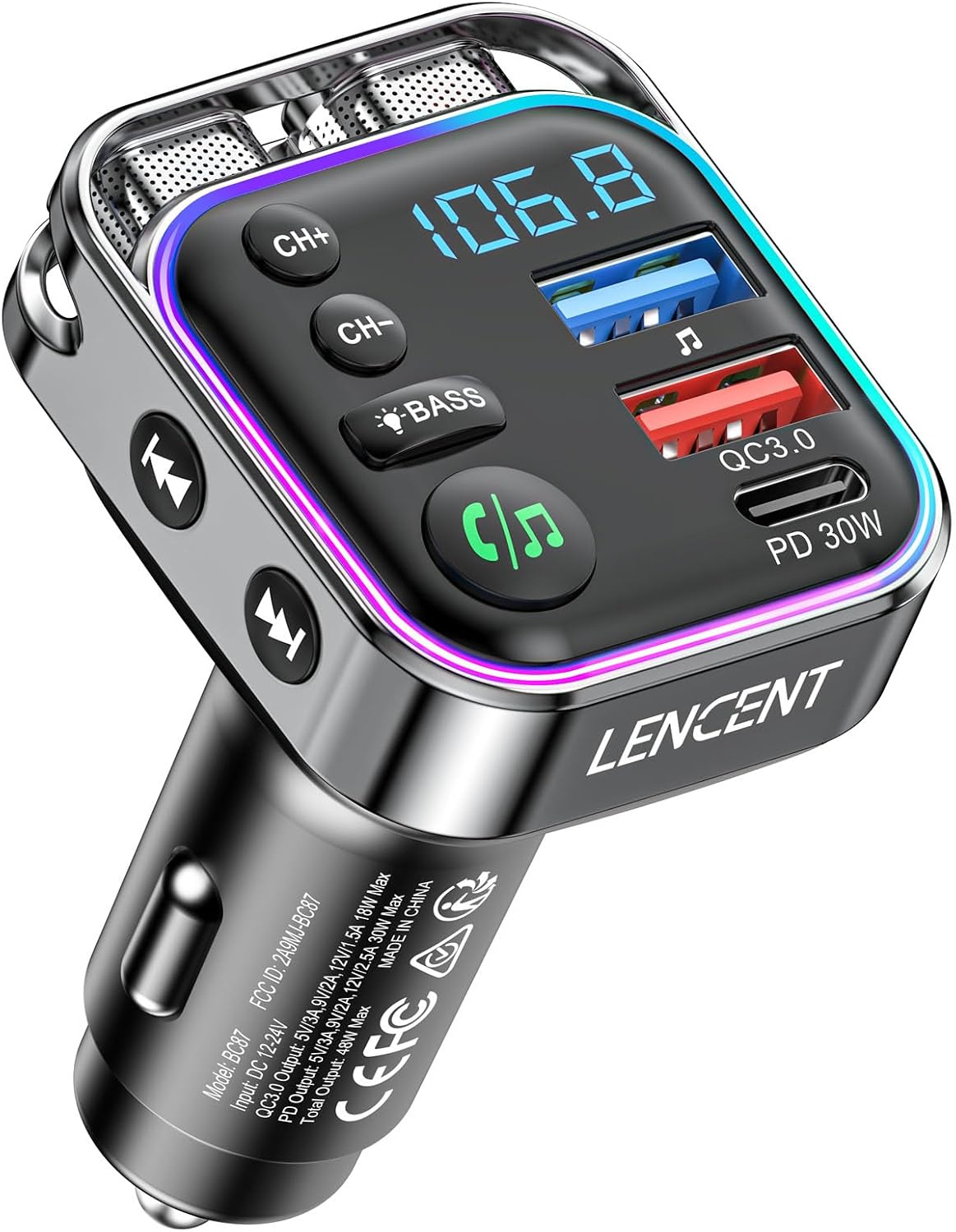 Detalle de LENCENT Bluetooth 5.3 FM Transmitter with 30W PD Charging and Bass Mode