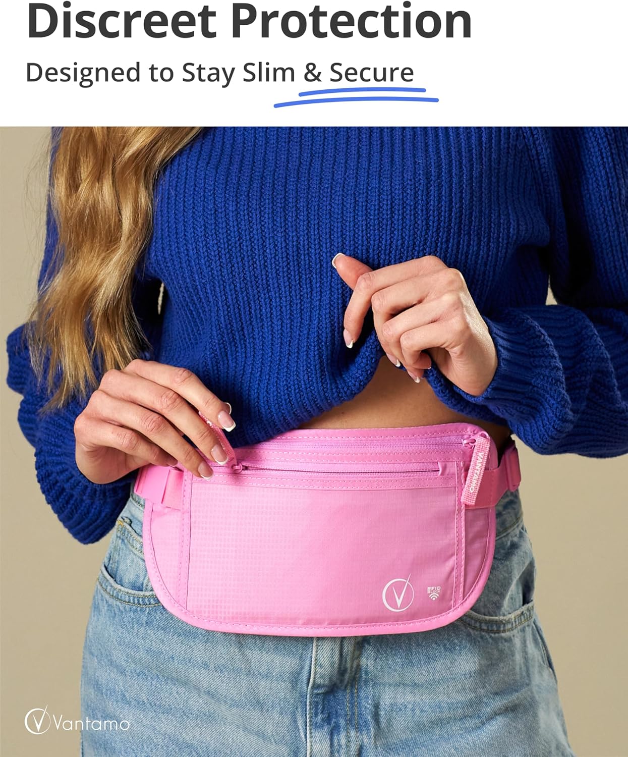 Detalle de Vantamo Bum Bag with RFID: Ultra-Thin Travel Belt Pouch for Passport, Phone and valuables