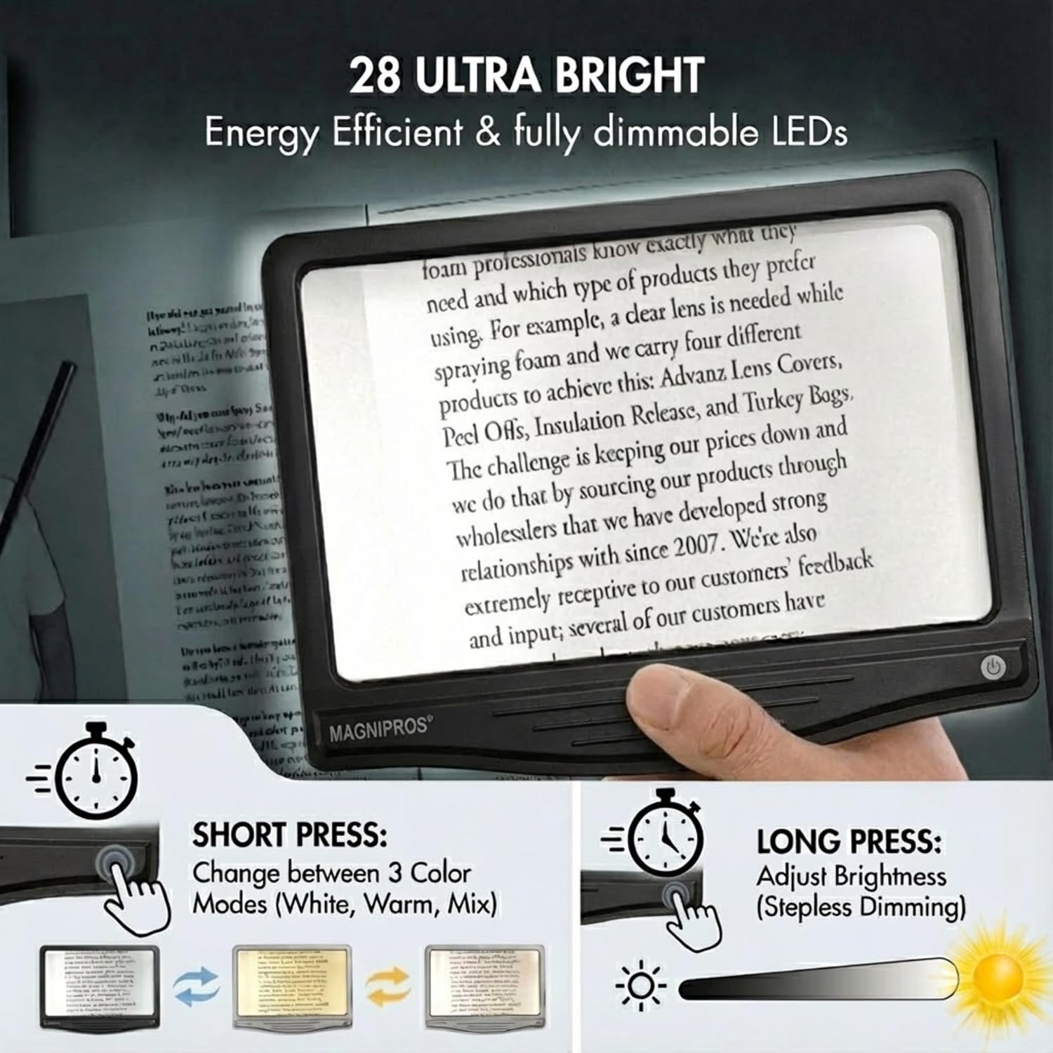Detalle de MagniPros 5X Rechargeable Large Ultra Bright LED Page Magnifier with Anti-Glare Lens