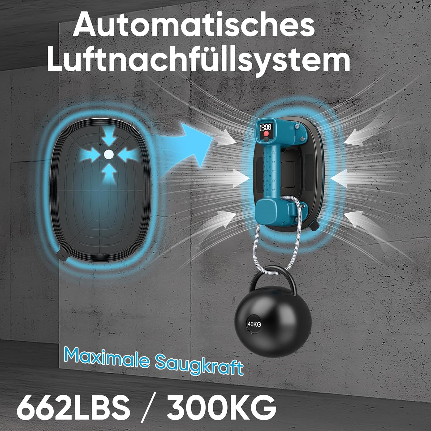 Detalle 2 de Akku Saugheber mit 300-kg-Tragkraft, LCD-Anzeige & 4.000-mAh-Akku (2er-Set, 10" Saugnäpfe)
