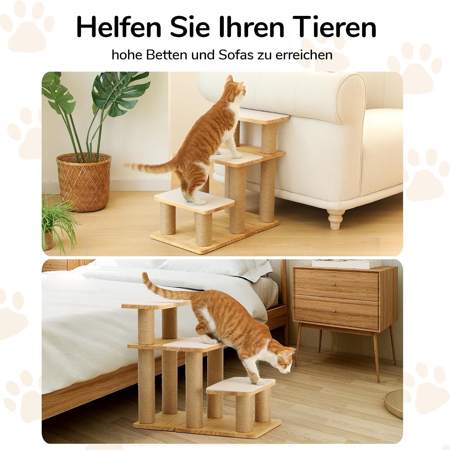 Detalle de FUKUMARU Hundetreppe 3 Stufen – Kiefernholz, Jute, bis 90 kg, 18–51 cm höhenverstellbar