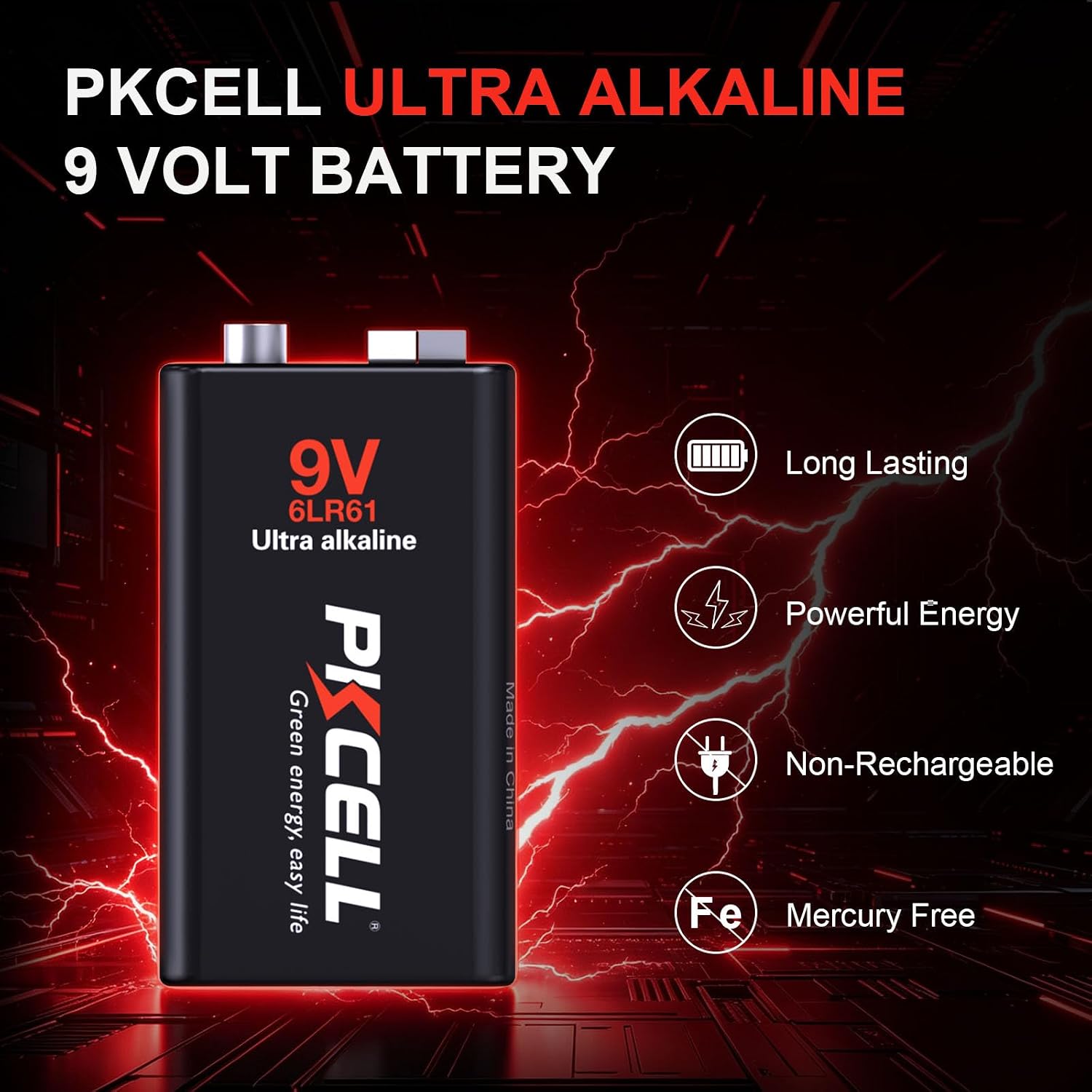 Detalle de PKCELL 9v-batteries 9V Alkaline Batteries, 12-Pack, 10-Year Shelf Life