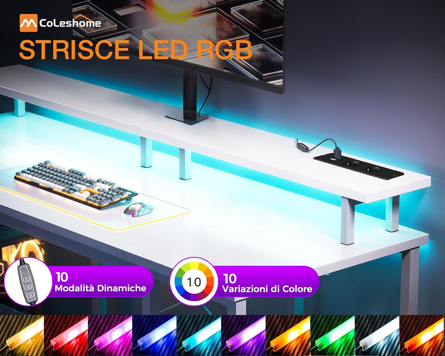 Thumbnail 3 de Coleshome Scrivania Gaming con LED 120x50 cm: illuminazione dinamica, supporto monitor e posto per accessori