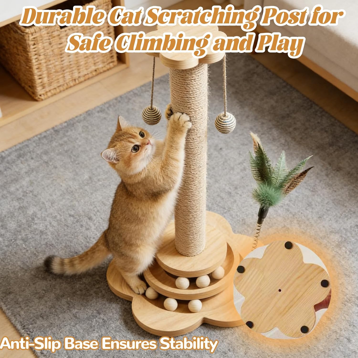 Detalle de Cat Scratching Post with Sisal Rope – Interactive 46cm Wood Base Cat Toy