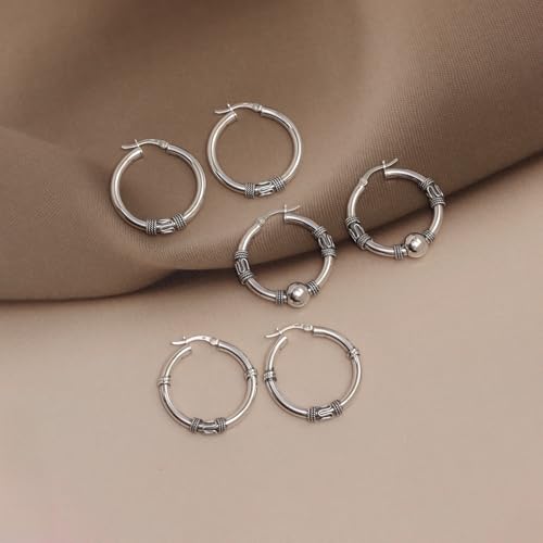 Detalle de LeCalla Lot de 3 boucles d'oreilles créoles balinaises légères en argent sterling – taille moyenne 30 mm