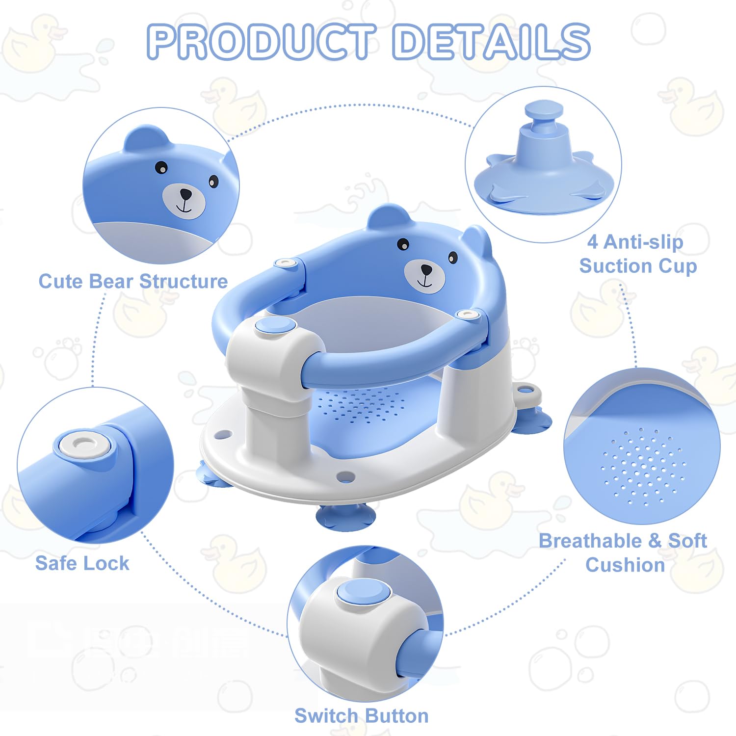 Thumbnail 3 de Badewannensitz Baby ab 6 Monate – Bär mit rutschfesten Saugnäpfen, 4 Saugnäpfe, Kissen, Blau
