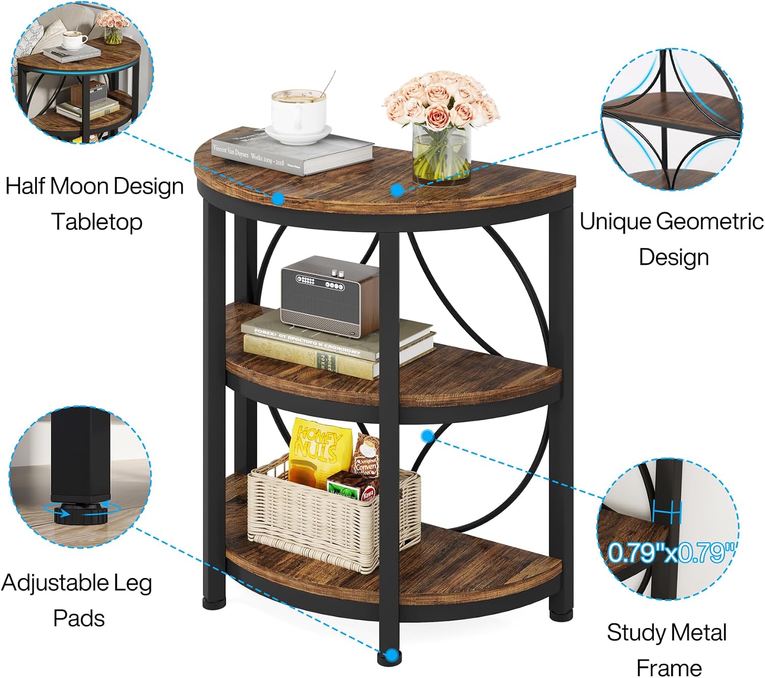 Detalle 2 de Tribesigns JW0589 Half-Moon Side Table, 3-Tier Storage, Metal Frame