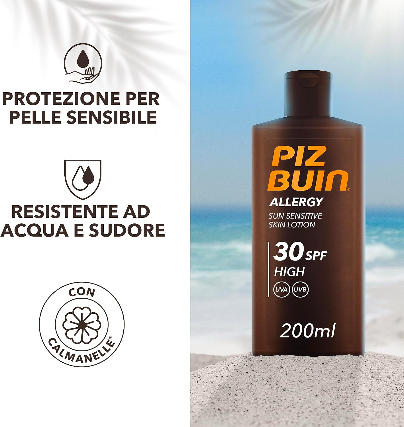 Detalle de PIZ BUIN Allergy Latte Solare SPF 30 per pelli delicate – crema solare resistente all'acqua, 200 ml