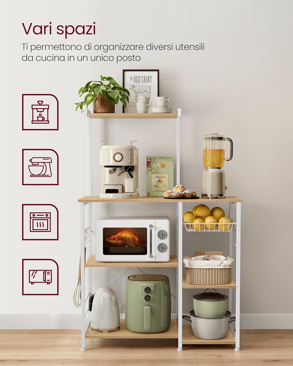 Detalle de VASAGLE Scaffale da Cucina KKS035W09 in Rovere Dorato e Bianco: versatile e stabile per microonde e cucina