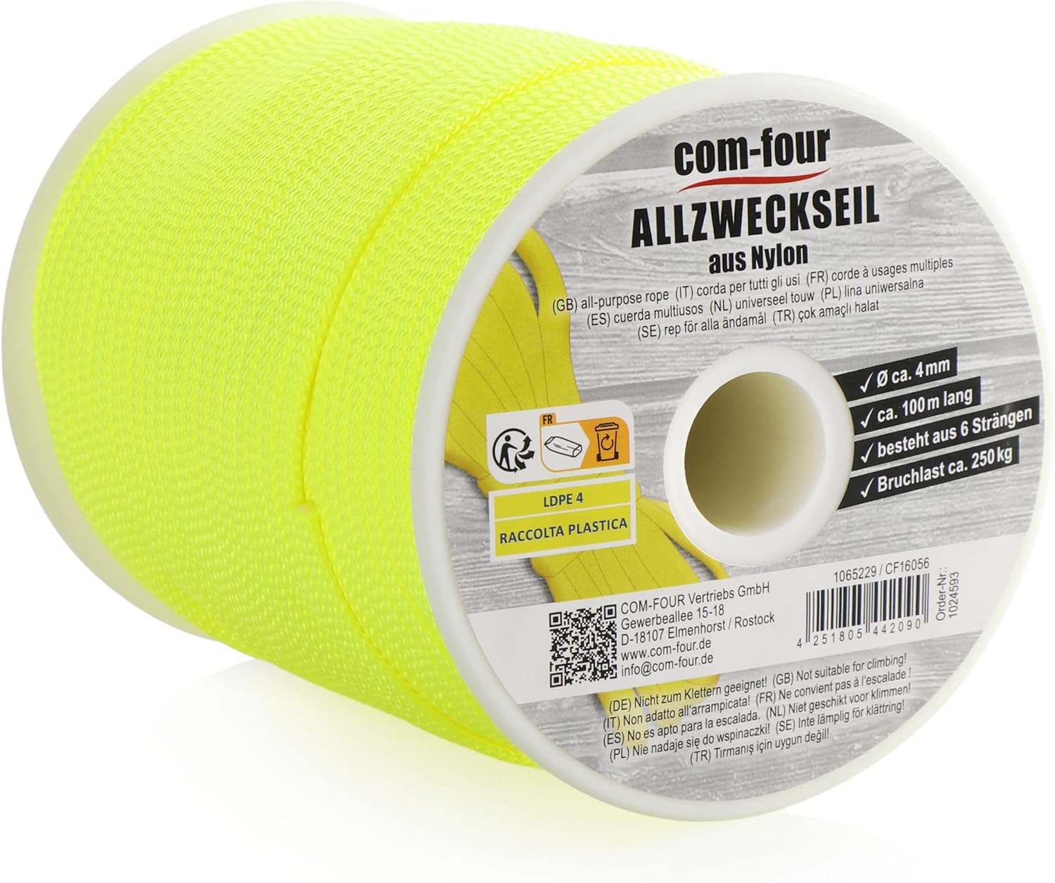 COM-FOUR Corda Ø 4 mm da 100 m in nylon giallo neon, carico fino a 250 kg