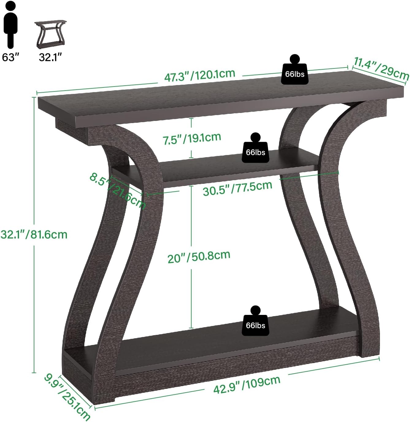 Detalle de UODERS CONTEB- 3-Tier Wood Console Table, Brown, 47.25 in. with Curved Legs