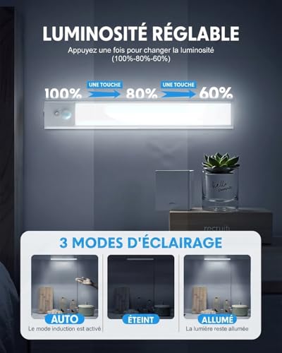 Detalle de KALAHOL Lot de 4 Lampes LED Sous Meuble Cuisine avec Détecteur de Mouvement et USB-C – Sans Fil, Blanc Froid