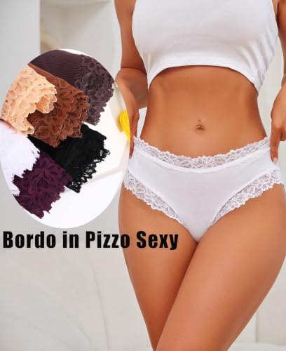 Detalle de ALL OF SHE: 6 Slip Brasiliana da Donna in Cotone con Pizzo Morbido, Vita Bassa