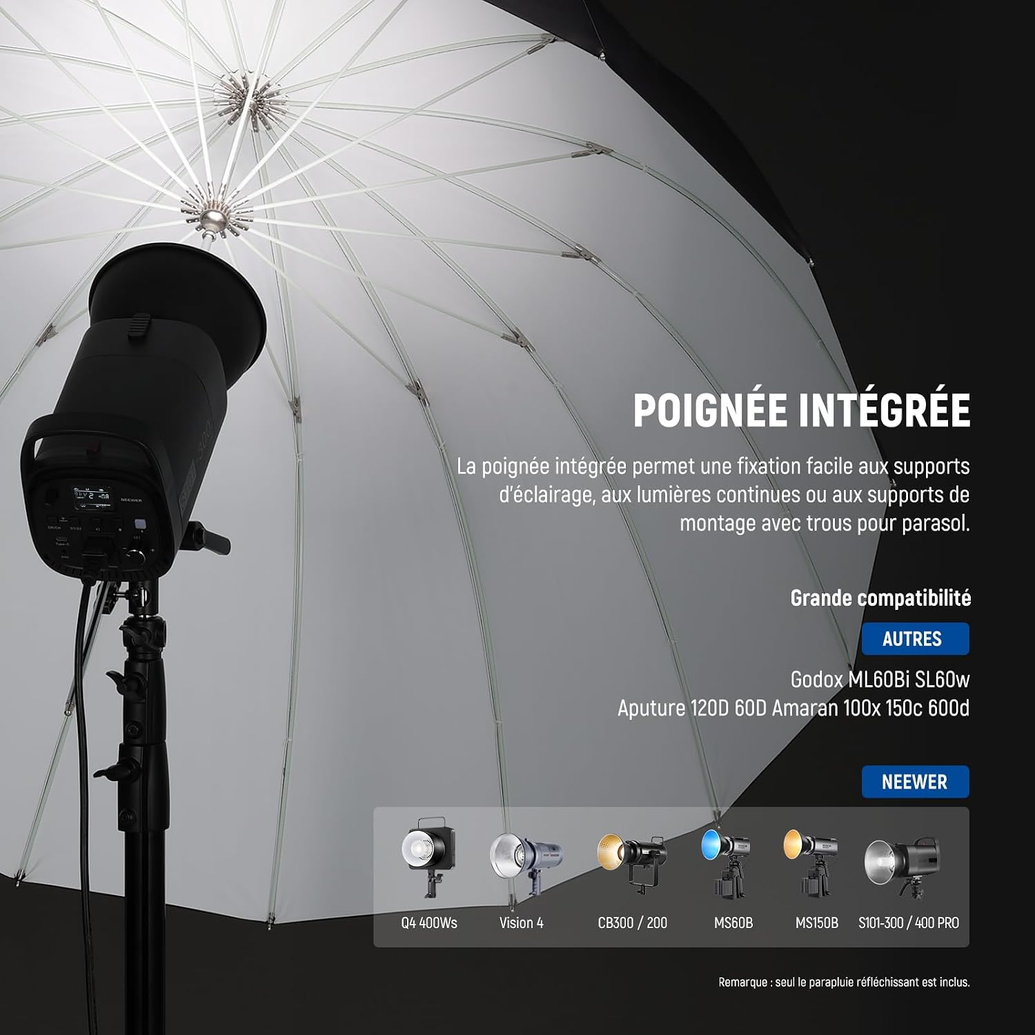 Detalle 1 de Parapluie réfléchissant parabolique 165 cm NEEWER (noir/blanc) pour studio photo et vidéo