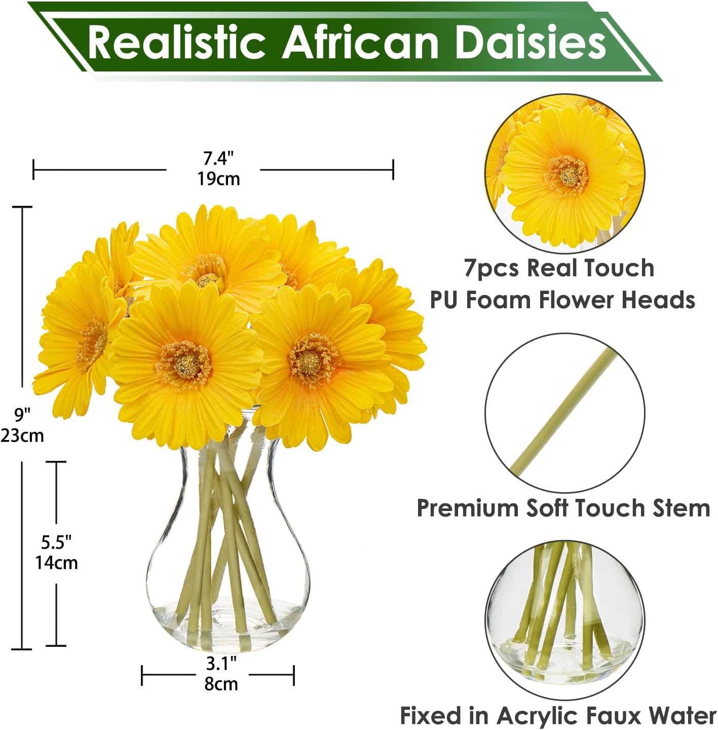 Detalle 2 de Sturdy 7-Piece Artificial Daisies with Glass Vase