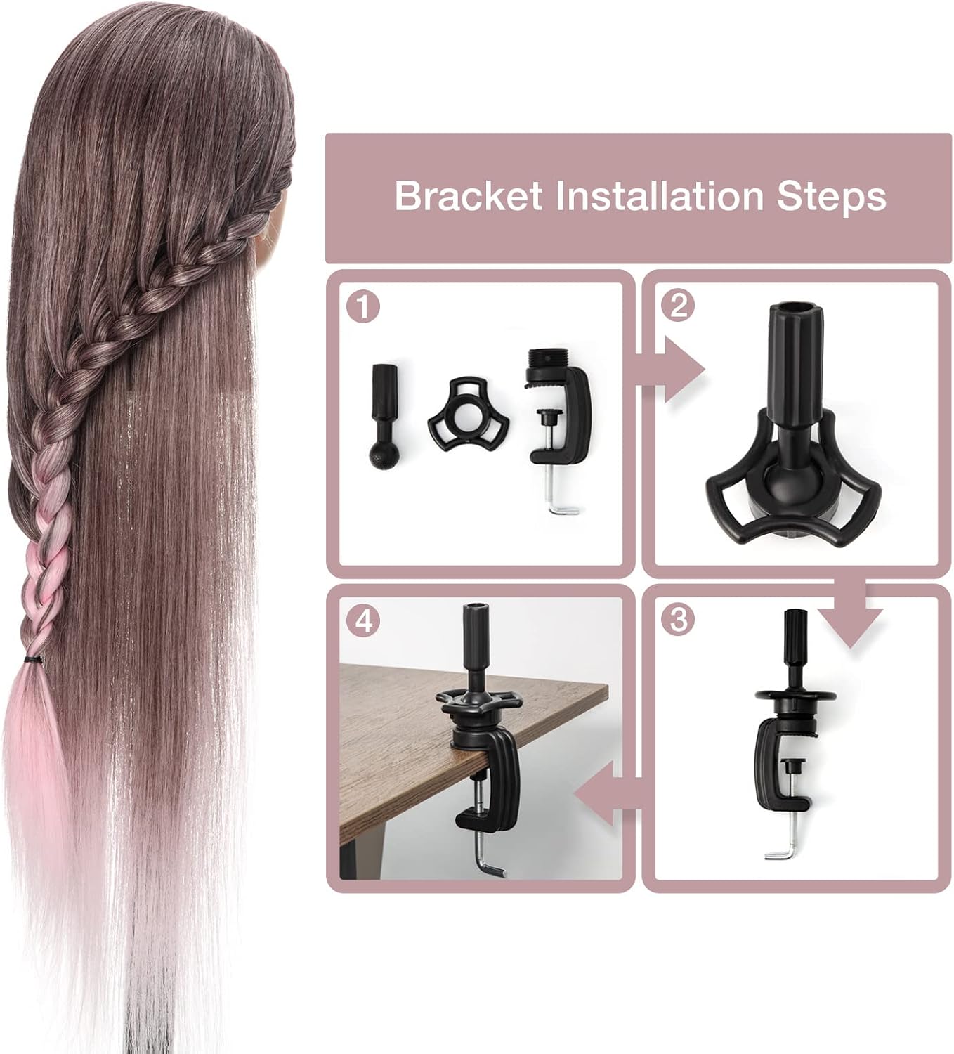 Detalle de GUANJUNE Mannequin Head: 26-28 Inch Synthetic Hair Training Head with Clamp Holder & Accessories – Gradient Pink