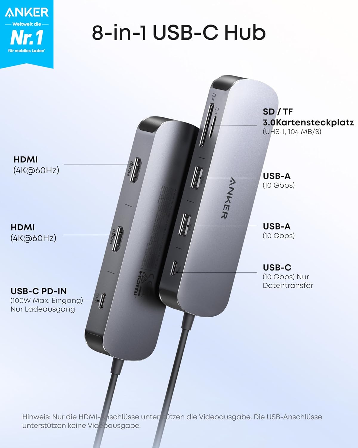 Thumbnail 1 de Anker Nano 8-in-1 USB-C Hub: Dual-Monitor-Dock mit 4K@60Hz, 85W PD und schneller USB-Konnektivität