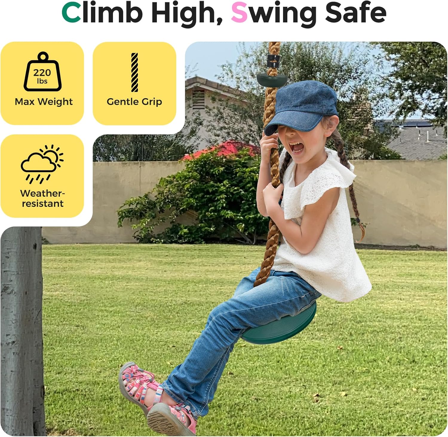 Detalle 2 de DECORLIFE Tree Swing for Kids with Adjustable Rope, Disc Seat & Locking Carabiners (Green)