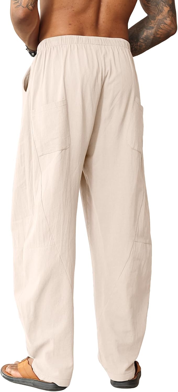 Detalle de EDITCOZY Men's Linen Trousers: Loose Beach Pants for Everyday Comfort