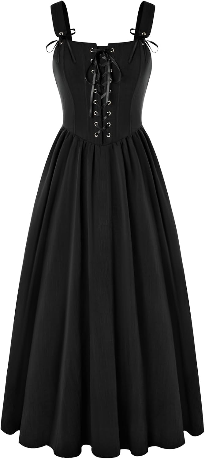 Detalle de SCARLET DARKNESS Damen Renaissance Korsett Kleid – Ärmellos mit Schnürung, Maxi-Kleid